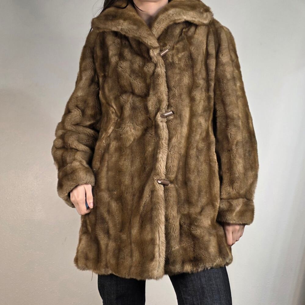Vintage 70s Brown Faux Fur Toggle Coat Wide Collar Estimated Large